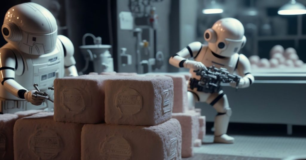 a robot holding a gun next to a pile of rolls of toilet paper